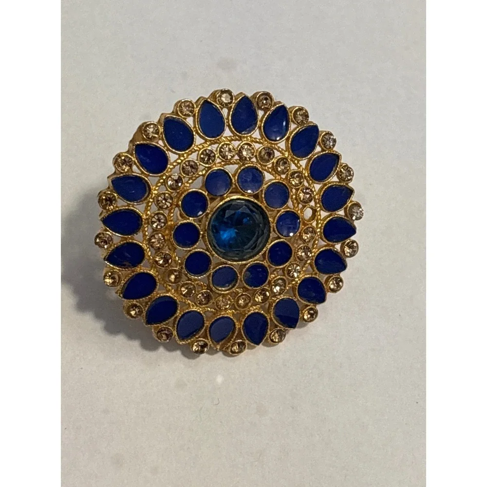 Gold Tone Round Statement Ring‎ Blue Crystal Rhinestone Adjustable